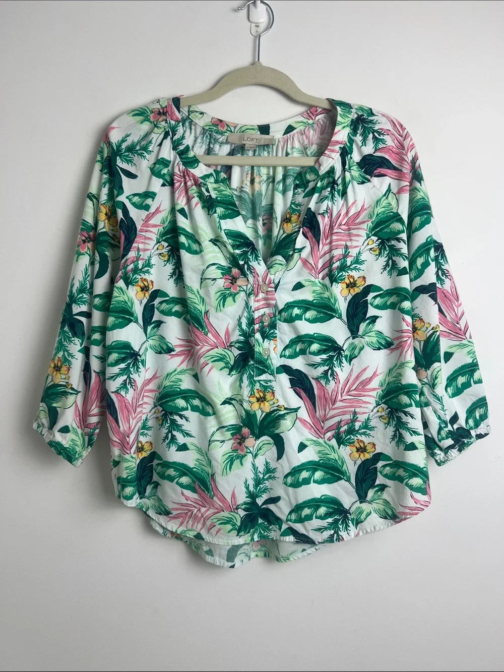 LOFT‎ Medium Tropical Floral Print 3/4 Puff Sleeve Cotton Blend Blouse Top